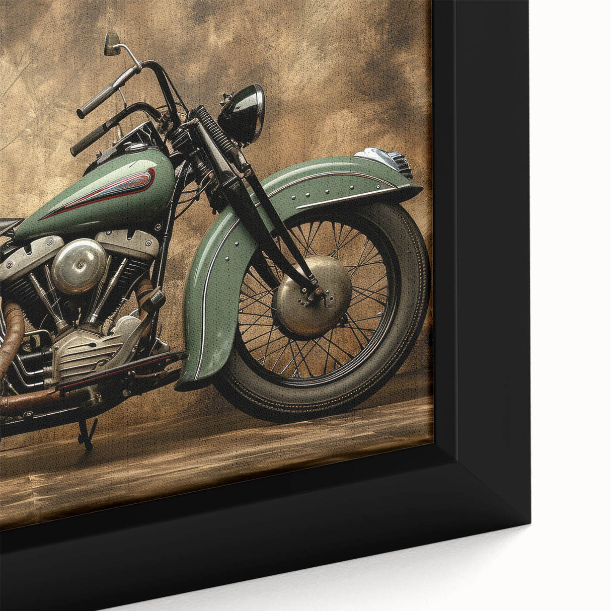 Extra large framed canvas featuring a black motorcycle with vibrant, textured color accents, ideal for living room decor.