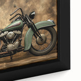 Extra large framed canvas featuring a black motorcycle with vibrant, textured color accents, ideal for living room decor.