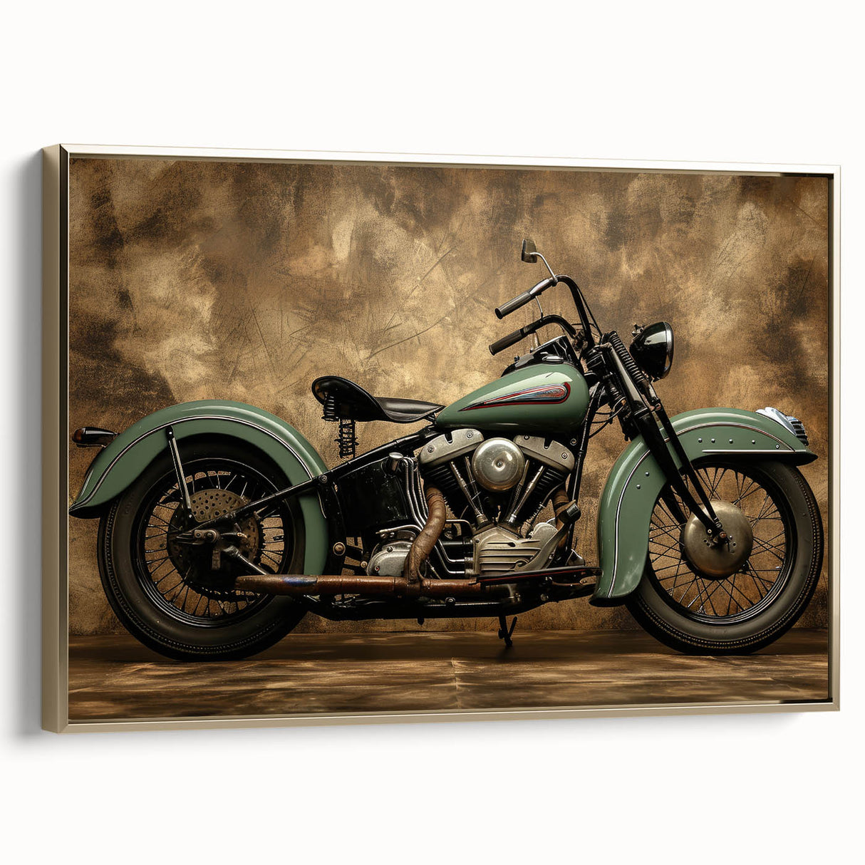 Gold-framed canvas featuring a vintage motorcycle in black, ideal for bedroom wall decor.