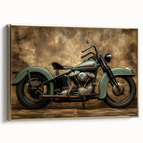 Gold-framed canvas featuring a vintage motorcycle in black, ideal for bedroom wall decor.