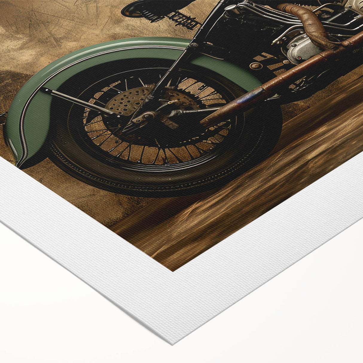 Art deco poster of a motorcycle in monochrome tones, printed on rolled canvas.