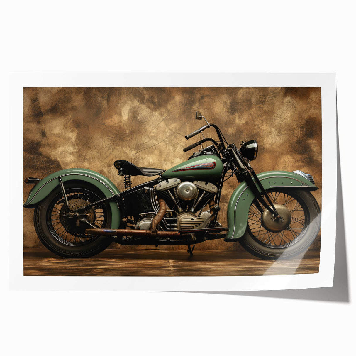 Extra large rolled print of a vintage motorcycle in muted gray tones, suitable for art wall dining room.