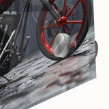 Large abstract motorcycle print in vivid colors on acrylic glass, suitable as mid-century modernist dining room art.