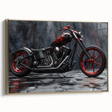 Vintage poster art of a motorcycle in black and gold tones on a framed canvas, ideal for bedroom wall decor.