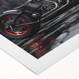 Art deco poster of a vintage motorcycle, rendered in black and white, on a rolled canvas, suitable for dining room decor.