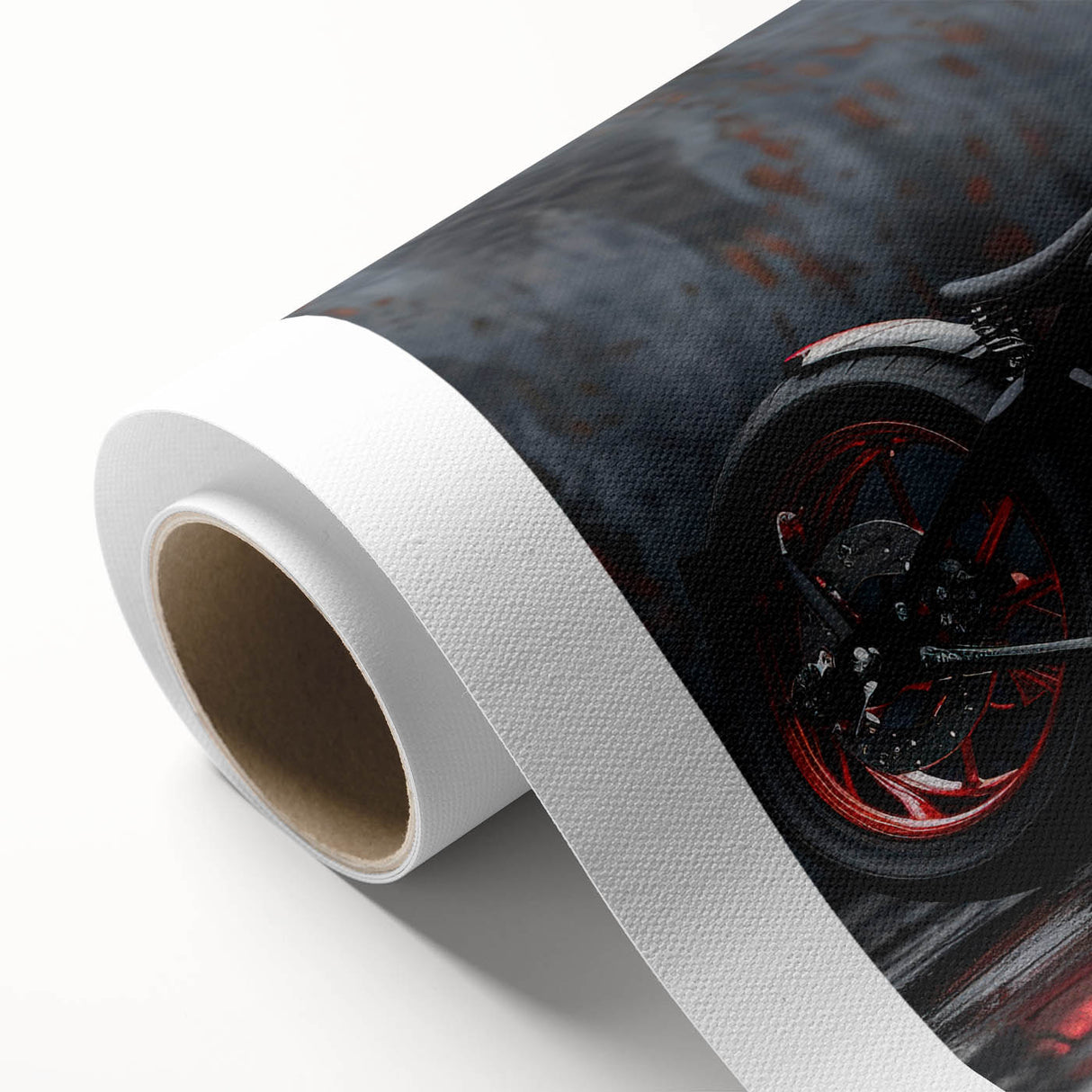Art deco style motorcycle illustration in monochrome, printed on rolled canvas.