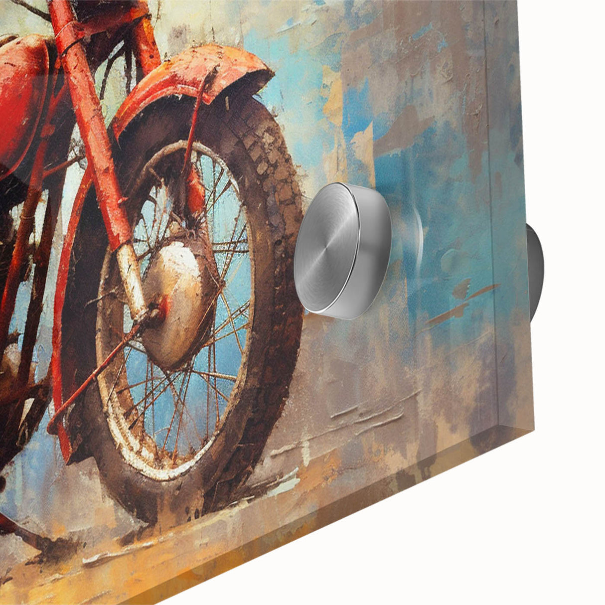 Large abstract wall art featuring a mid-century modernist motorcycle design in vibrant colors on acrylic glass.