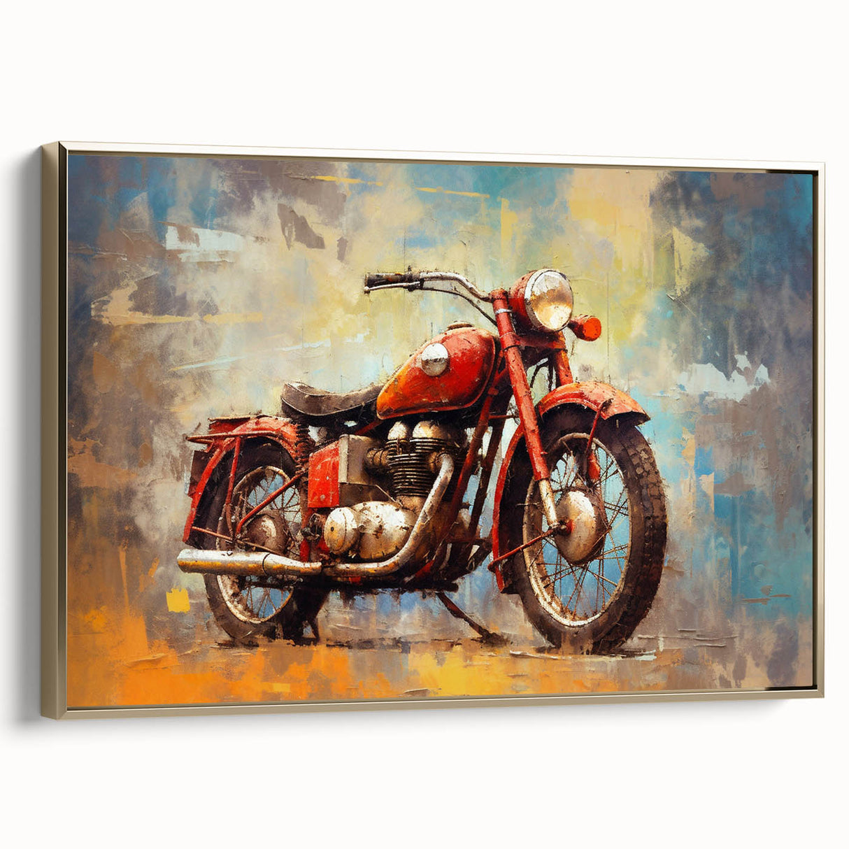 Side view of a vintage motorcycle in gold on a black framed canvas, suitable for bedroom wall decor.
