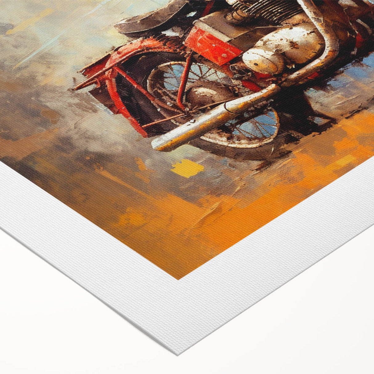Art deco poster of a vintage motorcycle in monochrome shades, printed on rolled canvas, suitable for dining room decor.