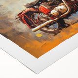 Art deco poster of a vintage motorcycle in monochrome shades, printed on rolled canvas, suitable for dining room decor.