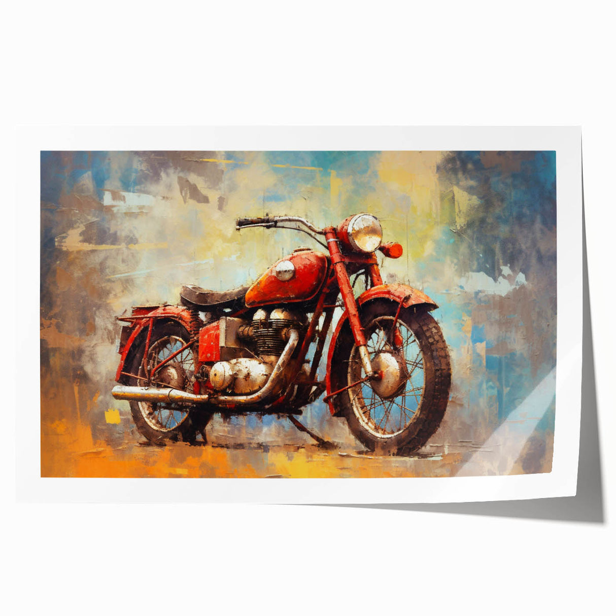Extra large rolled print of a vintage motorcycle, rendered in muted earth tones, ideal for art wall dining room.