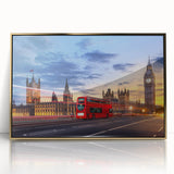 Mid-century modernist art featuring a collection of service vehicles in muted colors on a large framed acrylic print.