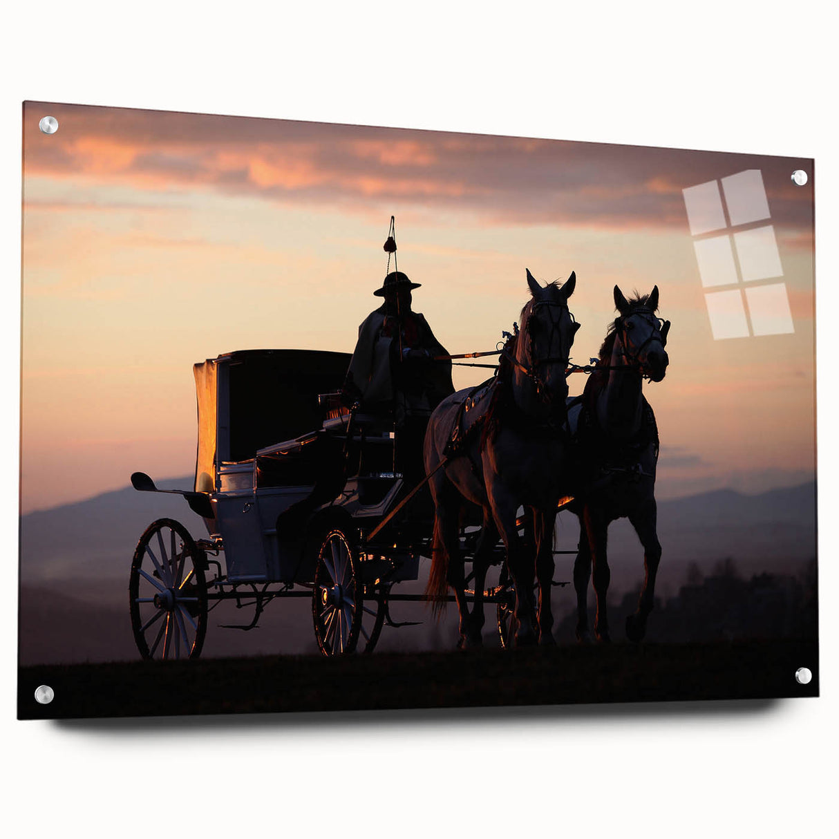 Acrylic print of abstract transportation vehicles in muted gray and blue tones, suitable for dining room decor.