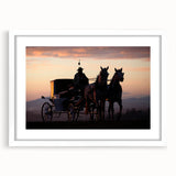 Abstract art print of assorted service vehicles in muted gray and orange tones, framed with a white mat.