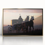 Mid-century modernist art of colorful service vehicles on a gold-framed acrylic, ideal for nursery wall art.