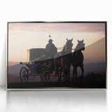 Mid-century modernist art of colorful service vehicles on a silver-framed acrylic, suited for nursery wall decor.