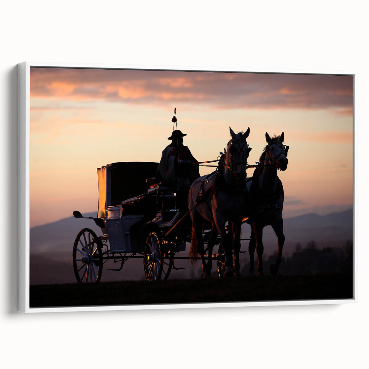 Framed canvas vintage poster art of colorful service vehicles on a black background.
