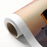 Art deco poster of colorful vintage cars on rolled canvas, suitable for nursery wall art or dining room.