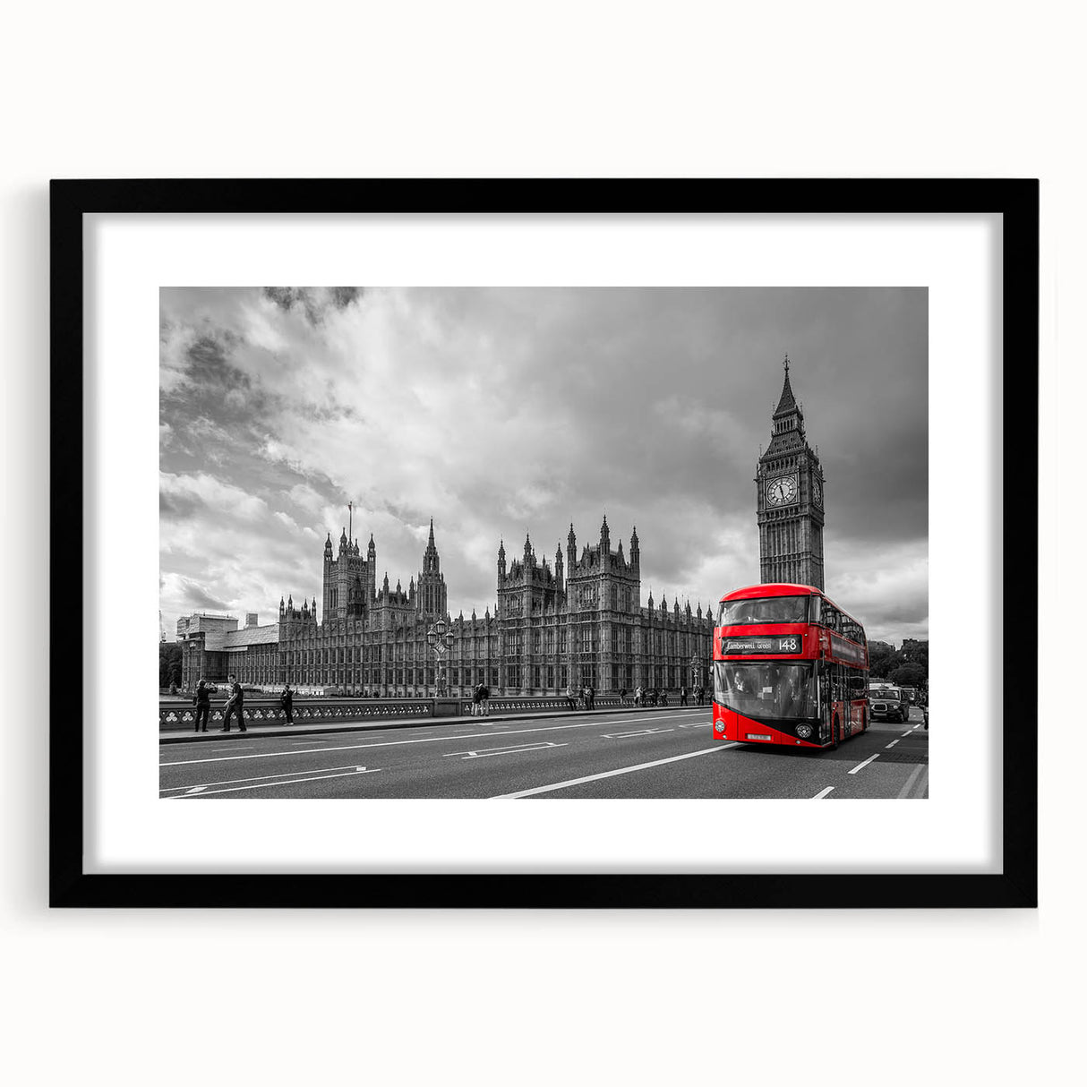Extra large abstract art print of colorful, textured vehicles, framed in black, ideal for living room decor.