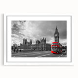 Abstract art print of colorful service vehicles on a white mat and frame, ideal for dining room decor.