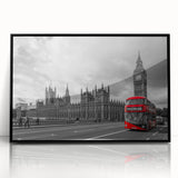 Large abstract wall art depicting various service vehicles in mid-century modernist style, with a black frame.