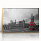 Mid-century modernist style framed acrylic print of colorful service vehicles, ideal for nursery wall decor.