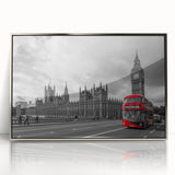 Mid-century modernist art depicting a variety of colorful service vehicles on a silver-framed acrylic print.