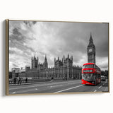 Framed canvas depicting a vintage black and gold landscape with service vehicles, ideal for bedroom wall art.
