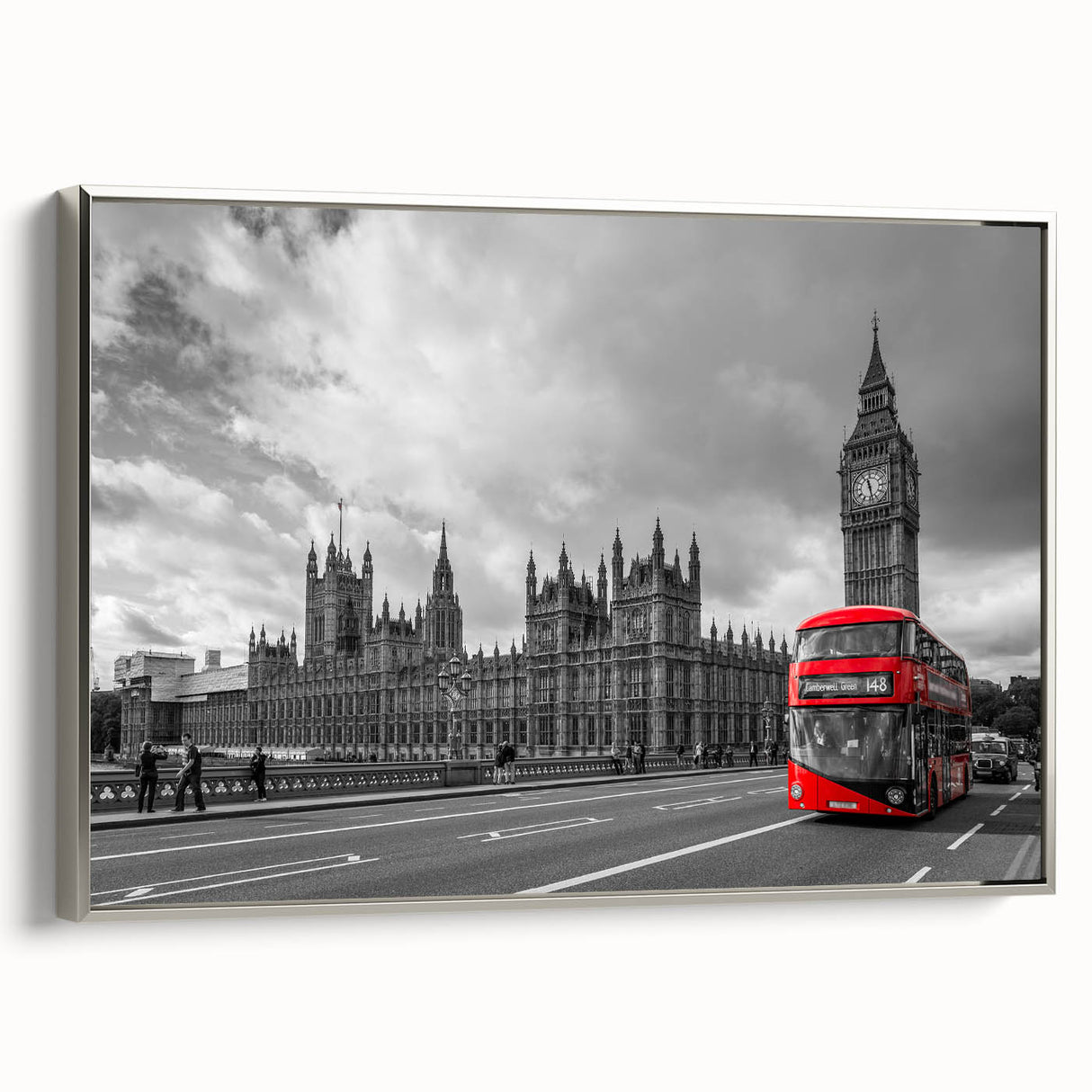 Framed canvas featuring vintage poster art of colorful service vehicles on a black background, ideal for office decor.