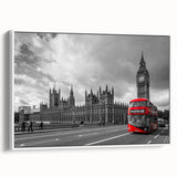 Vintage poster art of colorful service vehicles on a black background, framed canvas.