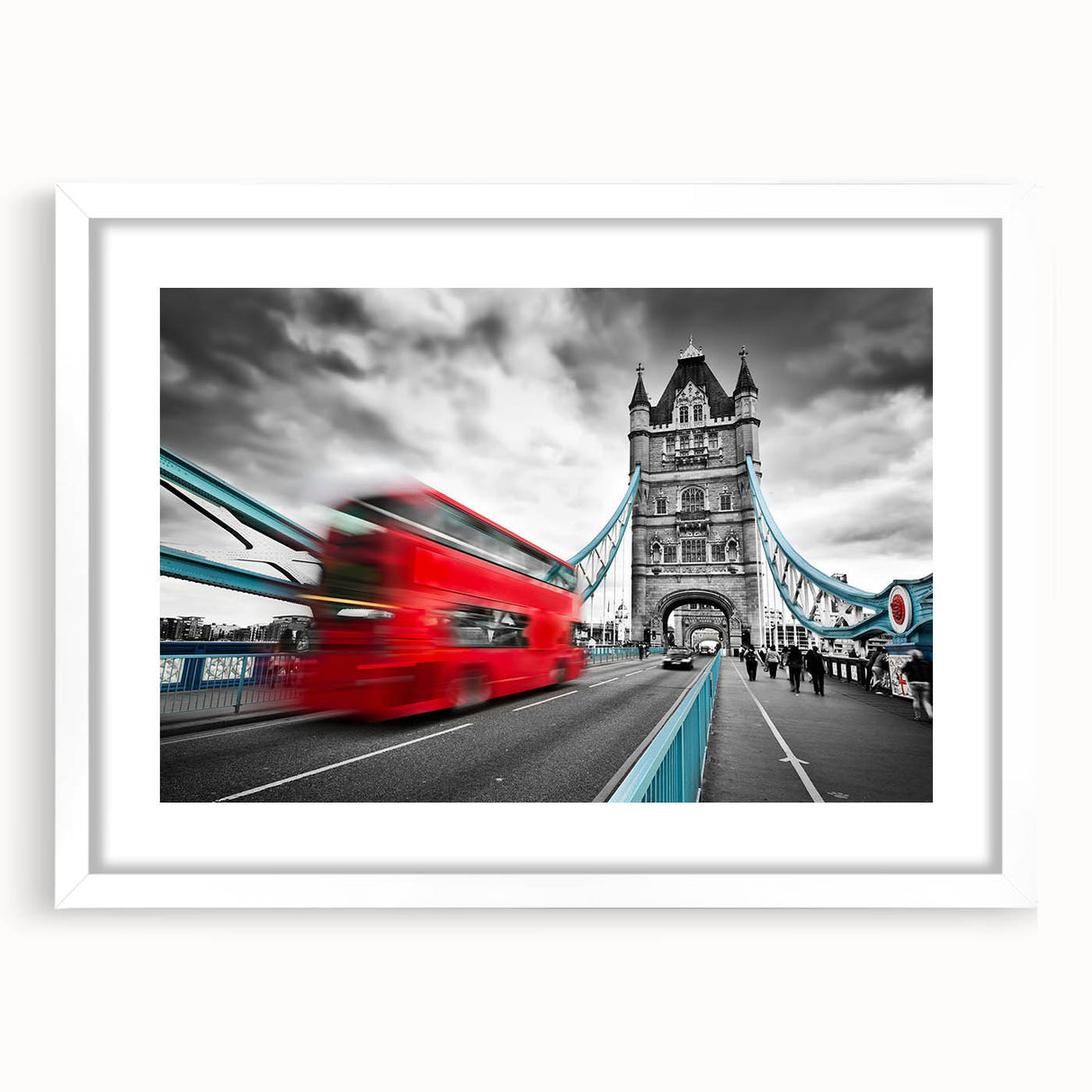 Abstract art print of assorted transportation vehicles in a mix of vibrant colors on a white framed poster.