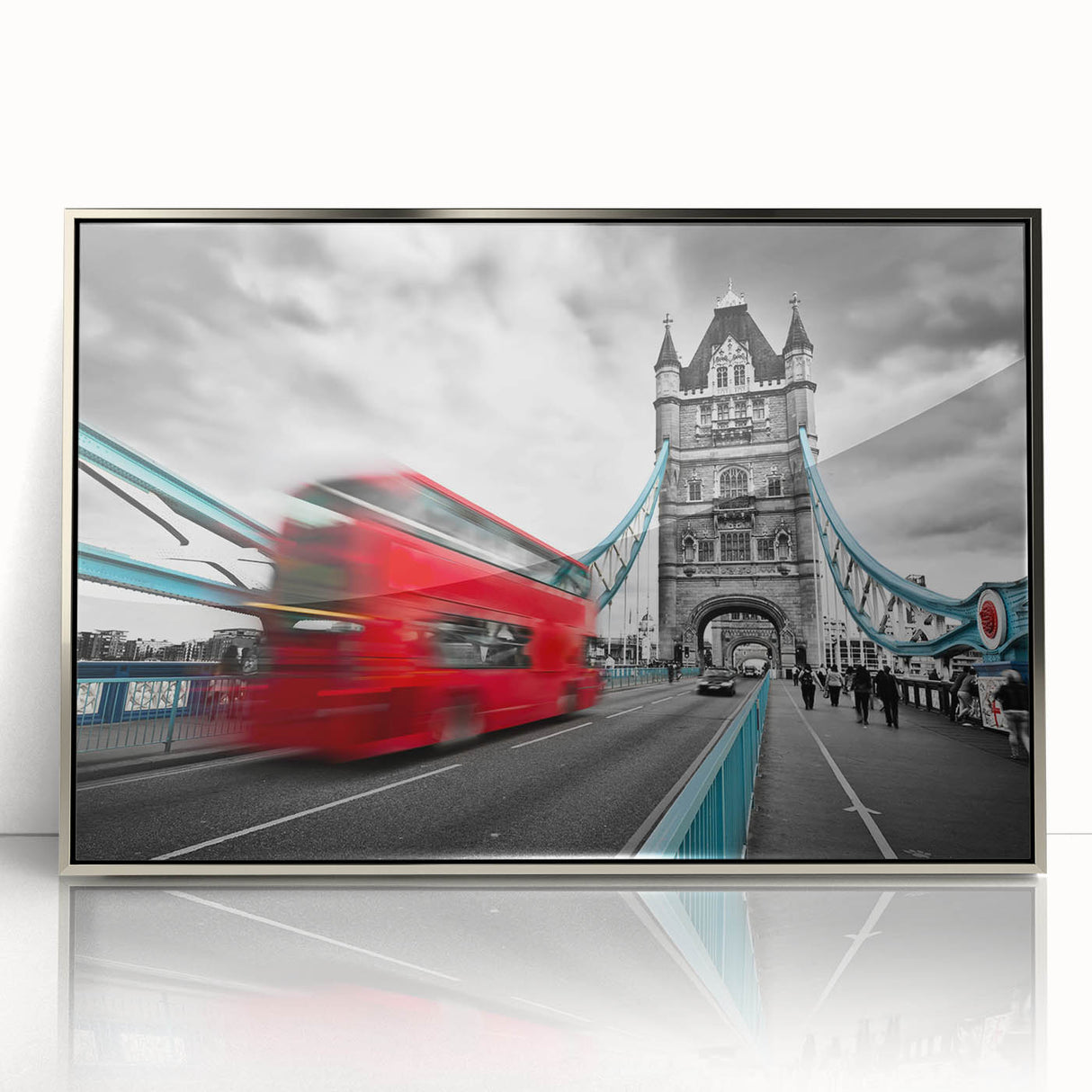 Mid-century modernist art featuring a silver framed acrylic print of a stylized vintage vehicle, ideal for nursery wall art.