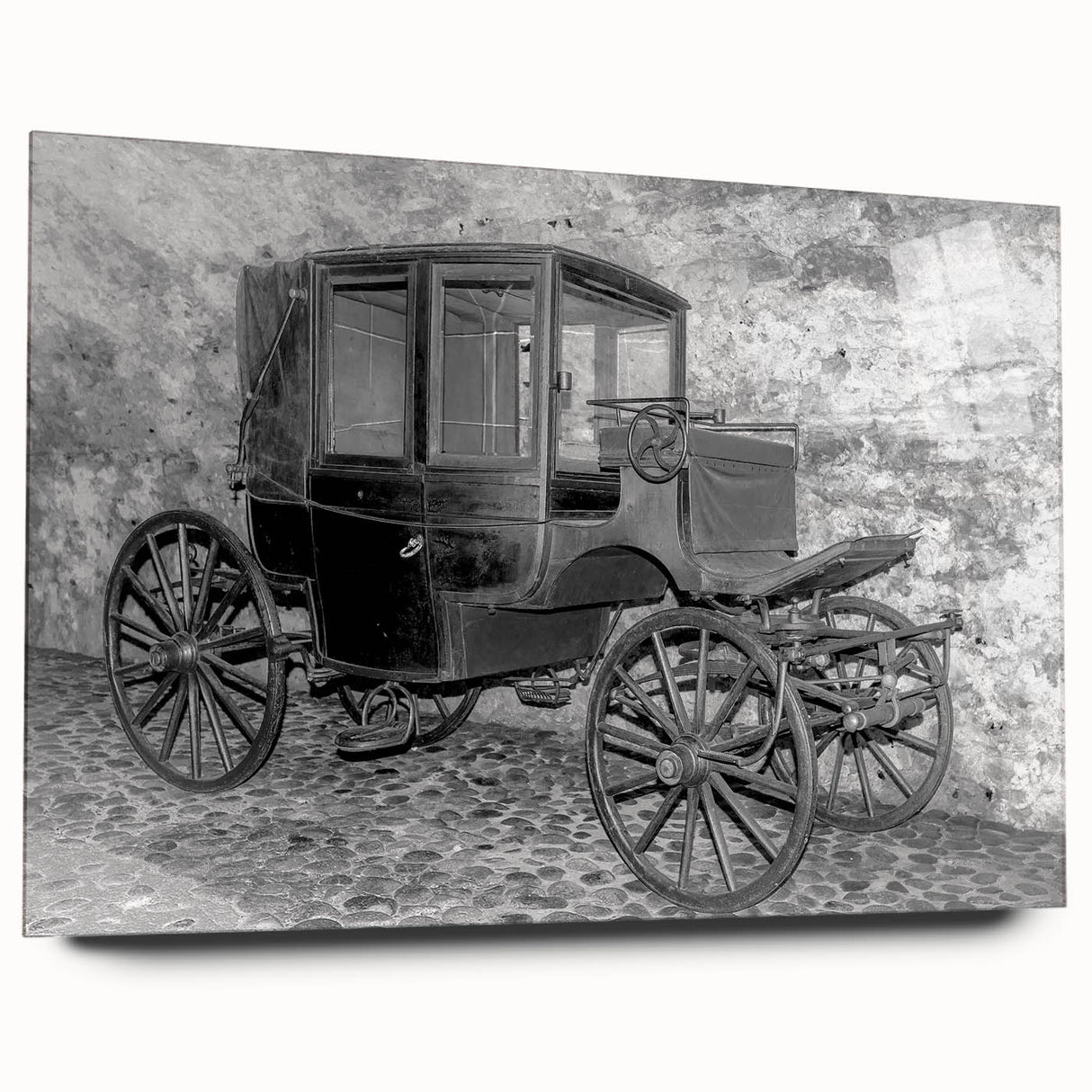Acrylic print of abstract service vehicles in muted gray and blue tones, suitable for bedroom or dining room decor.