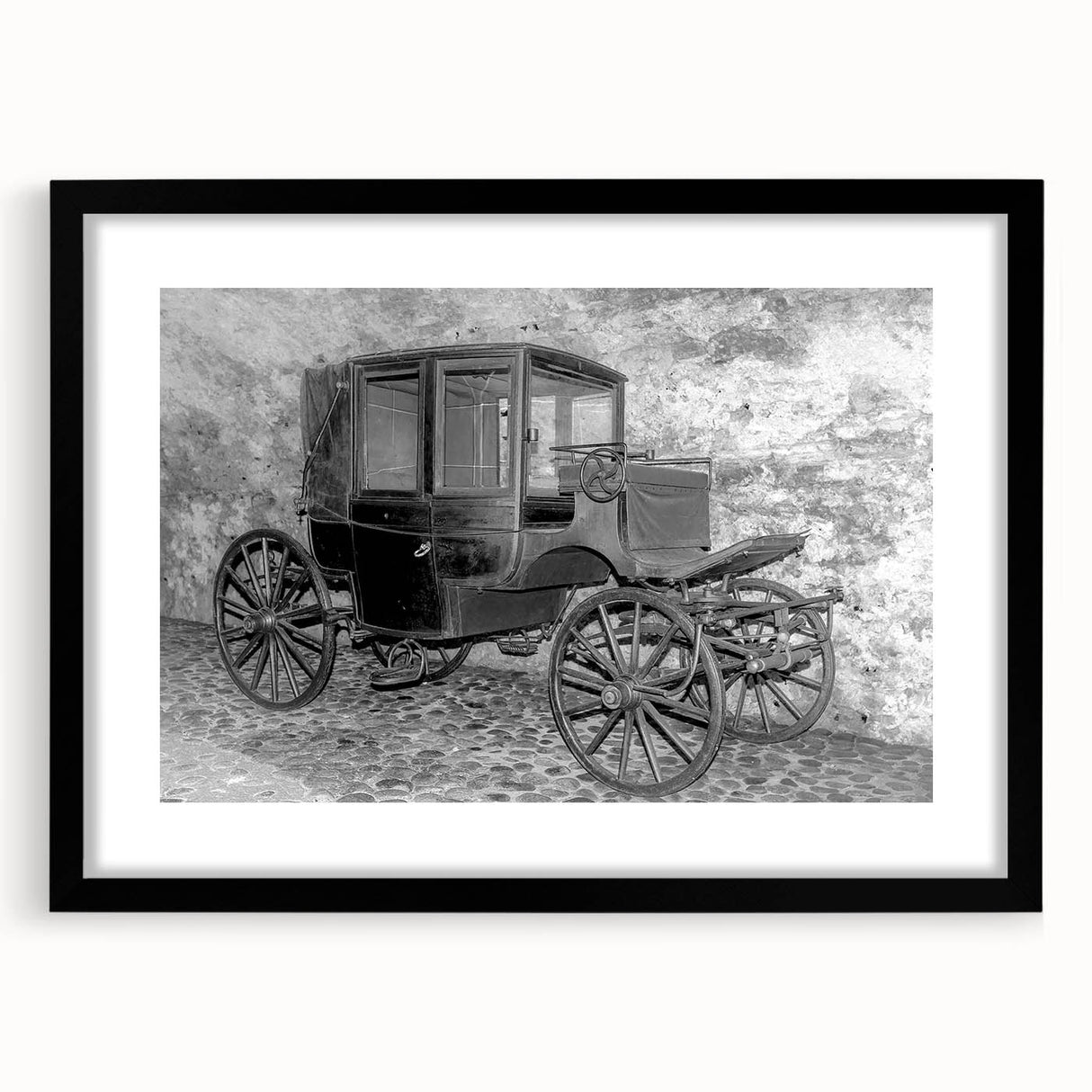 Extra large abstract art print featuring colorful, textured depiction of service vehicles, framed with black mat.