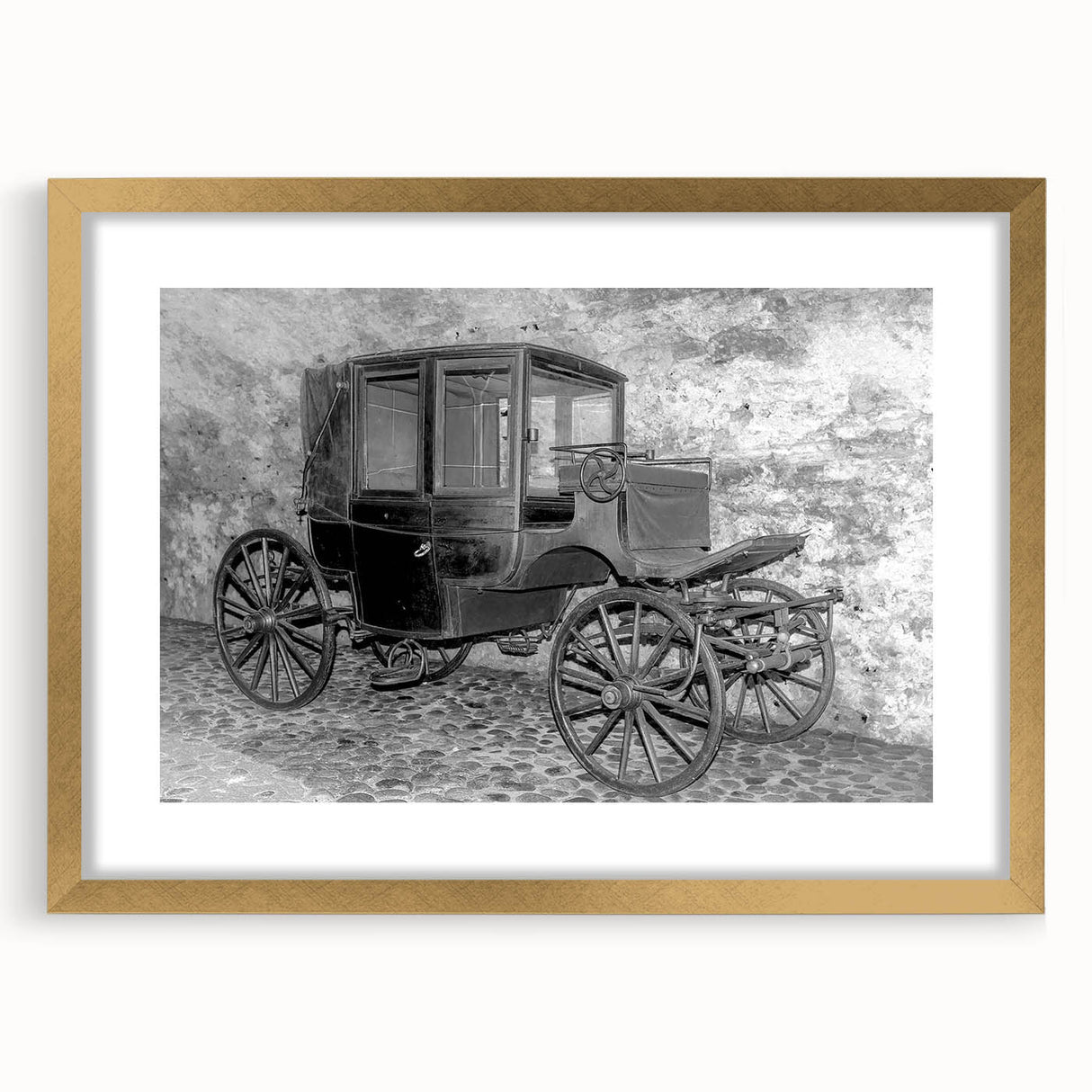Extra large abstract art print featuring textured depiction of service vehicles in gold frame.