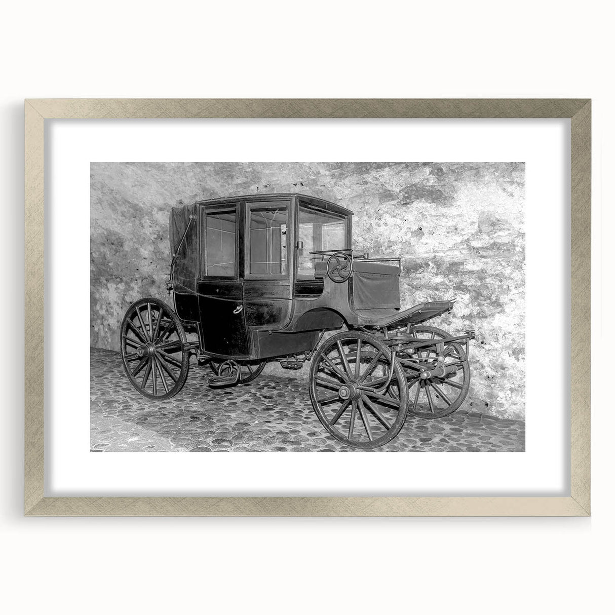 Textured art print of abstract service vehicles in muted gray and silver, framed with a mat, ideal for modern bedroom decor.