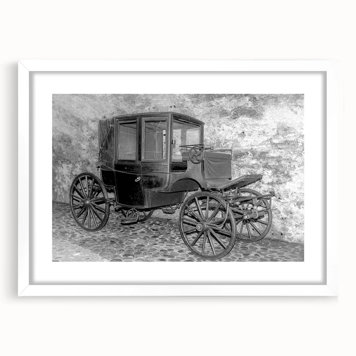 Abstract art print featuring assorted service vehicles in muted blue and gray tones on a white framed canvas.