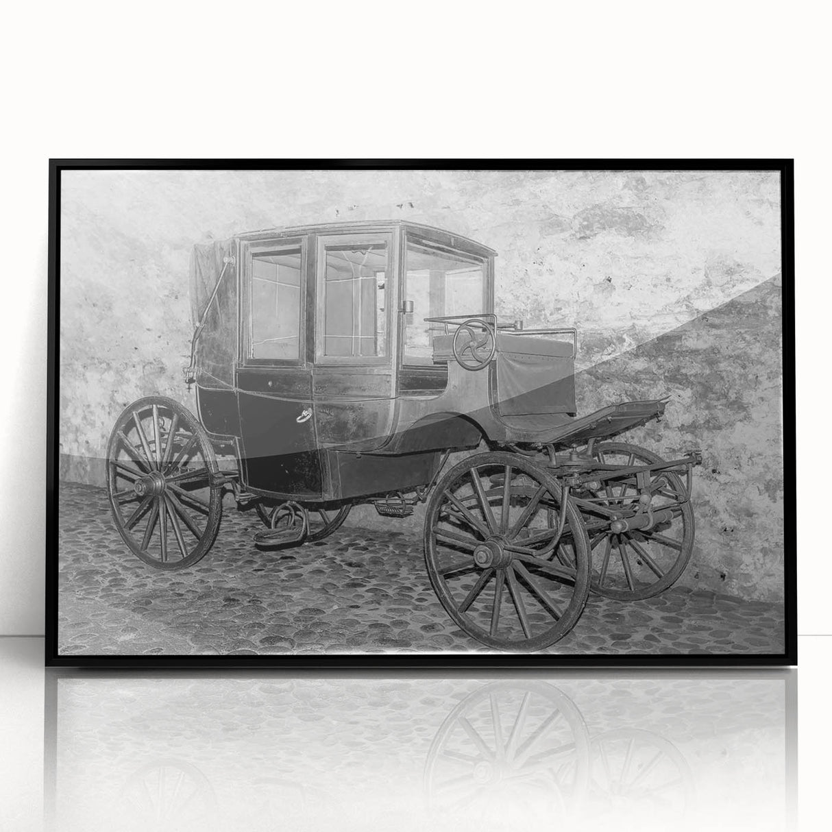 Large abstract wall art depicting mid-century modernist style vehicles in muted earth tones, framed acrylic.
