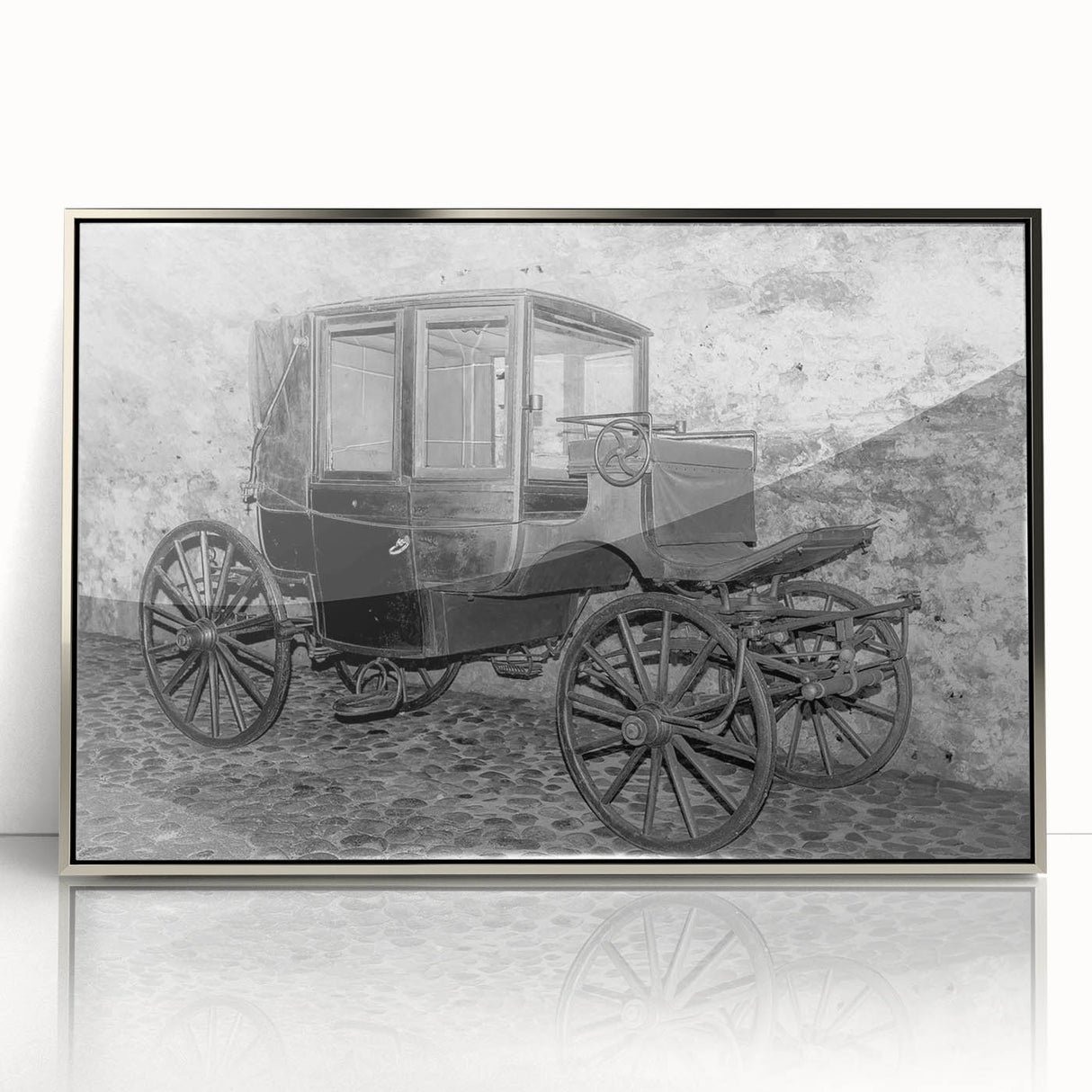 Mid-century modernist art featuring a series of stylized service vehicles in muted colors on a silver-framed acrylic.