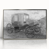 Mid-century modernist art featuring a series of stylized service vehicles in muted colors on a silver-framed acrylic.
