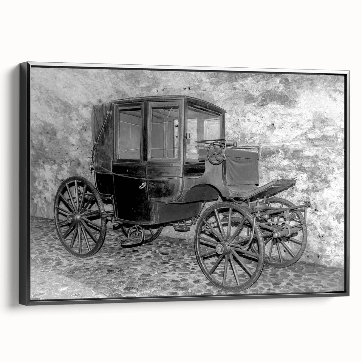 Black and white vintage poster art of a classic car on framed canvas, suitable for bedroom wall decor.