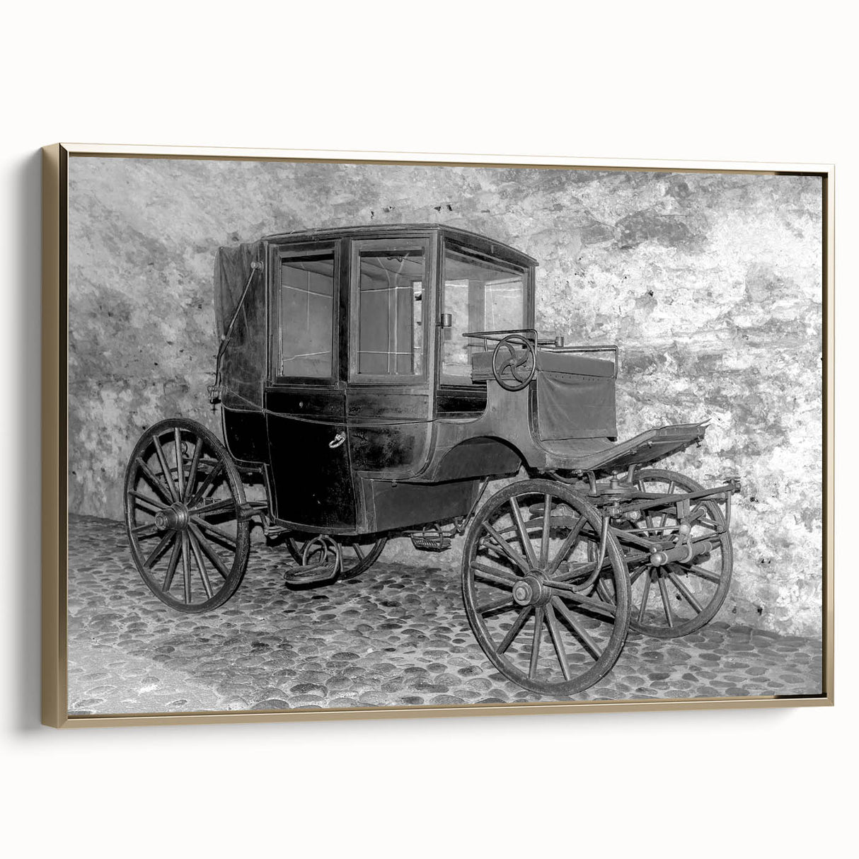 Framed canvas featuring a vintage poster of black service vehicles in a landscape setting, ideal for bedroom wall art.