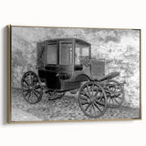 Framed canvas featuring a vintage poster of black service vehicles in a landscape setting, ideal for bedroom wall art.