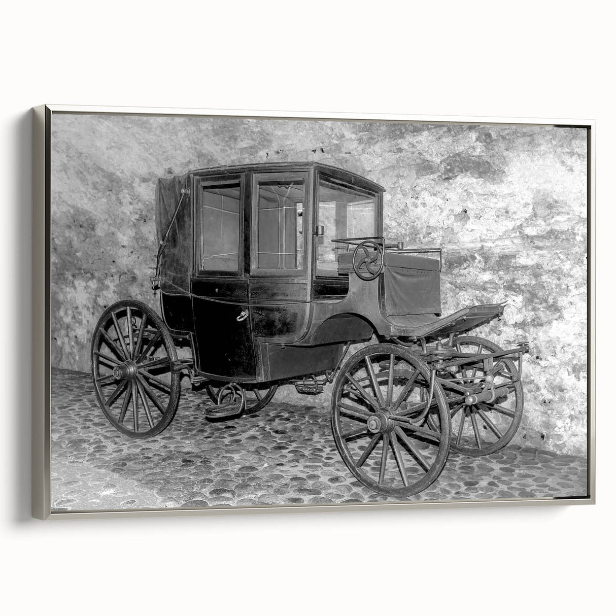 Framed canvas featuring a vintage poster of colorful service vehicles in black, ideal for a themed playroom.