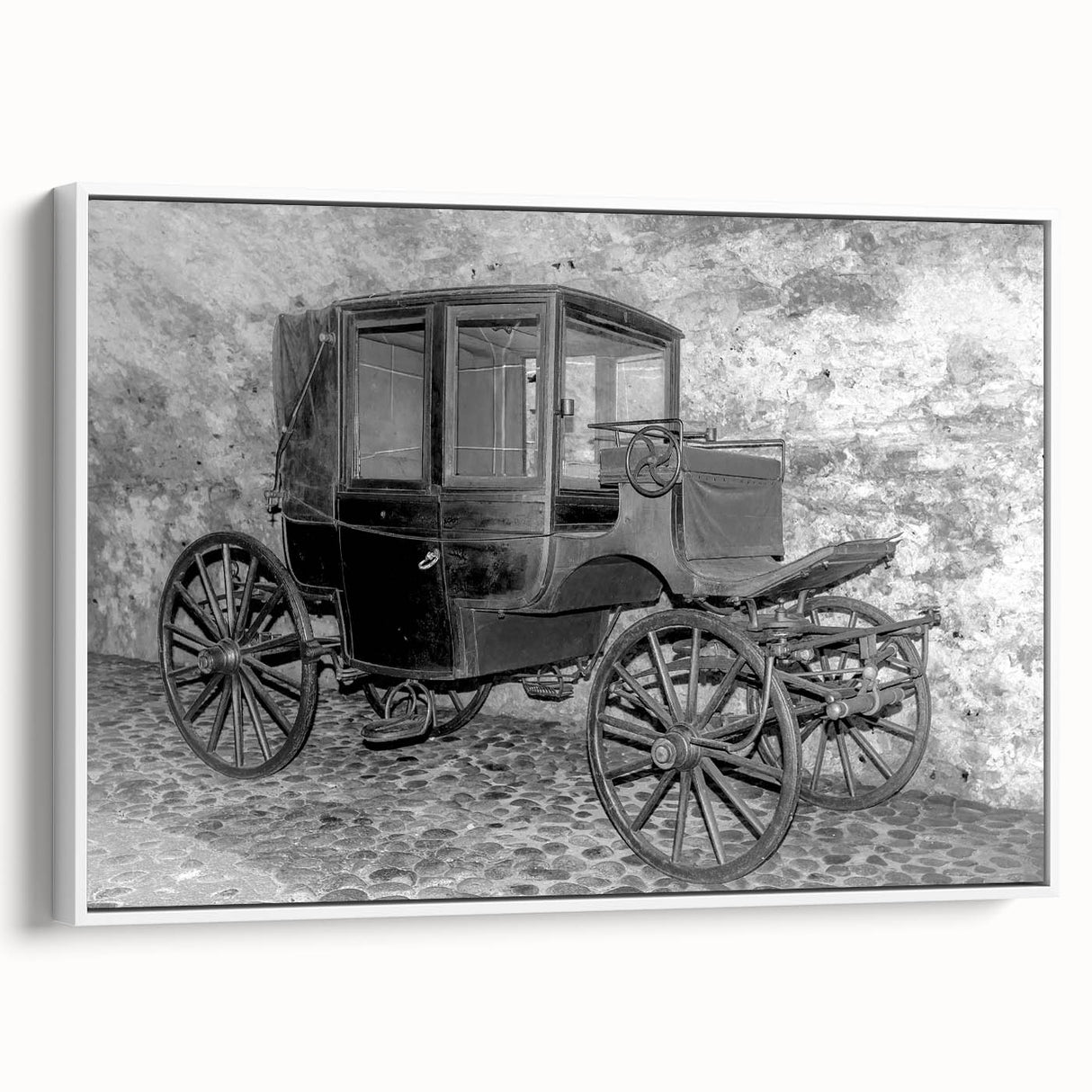 Vintage poster art of colorful service vehicles on a black background, framed canvas, ideal for living room decor.