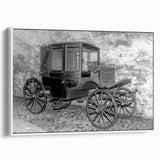 Vintage poster art of colorful service vehicles on a black background, framed canvas, ideal for living room decor.