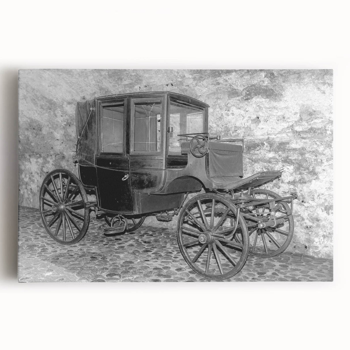 Black and white stretched canvas featuring a vintage service vehicle, ideal for kitchen wall art.