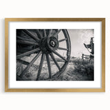 Extra large abstract art print of service vehicles in muted earth tones on a textured canvas, framed in gold.