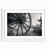 Abstract art print of colorful service vehicles on a white framed canvas, suitable for dining room decor.