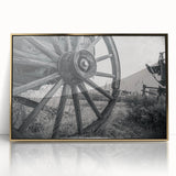 Mid-century modernist art of colorful service vehicles on a gold-framed acrylic, ideal for nursery wall art.